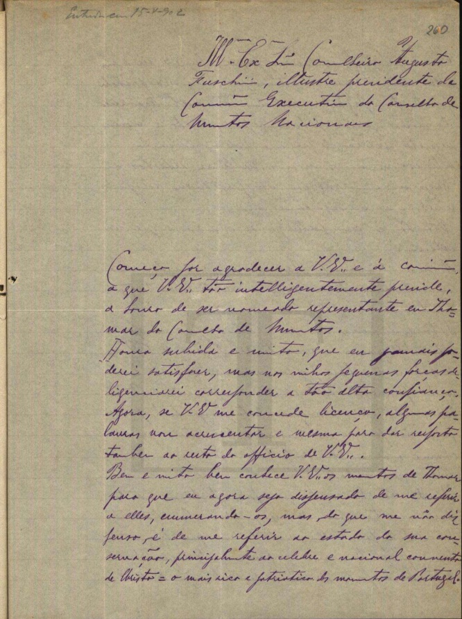 Carta de Vieira Guimarães a Augusto Fuschini, 11 de maio de 1902, página 1